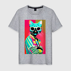 Футболка хлопковая мужская Cat in sunglasses - pop art, цвет: меланж