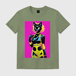 Футболка хлопковая мужская Black cat - fashionista - pop art - neural network, цвет: авокадо
