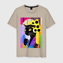 Футболка хлопковая мужская Black cat cheese - pop art - poster, цвет: миндальный