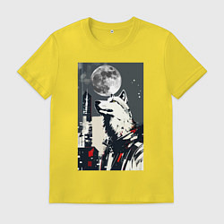 Футболка хлопковая мужская Волк на фоне луны - мегаполис - нейросеть, цвет: желтый