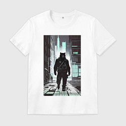 Футболка хлопковая мужская Медведь в ночном Нью-Йорке - нейросеть, цвет: белый