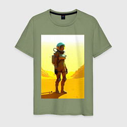 Футболка хлопковая мужская Девушка-астронавт в пустыне - нейросеть, цвет: авокадо