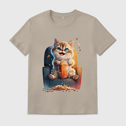 Футболка хлопковая мужская Веселый котик с попкорном, цвет: миндальный