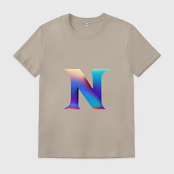 Футболка хлопковая мужская Буква N градиент - нейросеть, цвет: миндальный