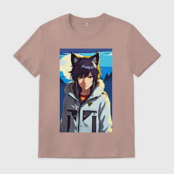 Футболка хлопковая мужская Девочка-волчонок - аниме, цвет: пыльно-розовый