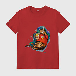 Футболка хлопковая мужская Ленивый бенгальский кот с попкорном, цвет: красный