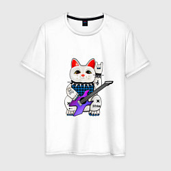 Футболка хлопковая мужская Японский кот нэко с гитарой, цвет: белый