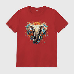 Футболка хлопковая мужская Слон в цветах - хиппи арт принт, цвет: красный