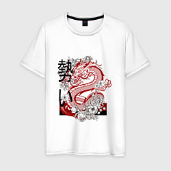 Футболка хлопковая мужская Татуировка с японским иероглифом и драконом, цвет: белый