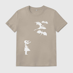 Футболка хлопковая мужская Девочка и драконы, цвет: миндальный