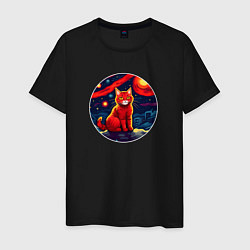 Футболка хлопковая мужская Рыжий кот на фоне космического неба, цвет: черный