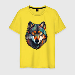 Футболка хлопковая мужская Цветной портрет волка, цвет: желтый