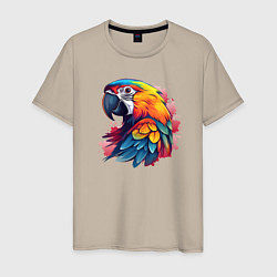 Футболка хлопковая мужская Яркий попугай на красных брызгах, цвет: миндальный