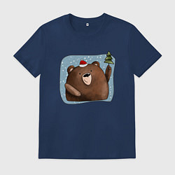 Футболка хлопковая мужская Медведь и елка, цвет: тёмно-синий