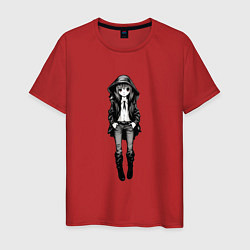 Футболка хлопковая мужская Аниме девушка в капюшоне, цвет: красный