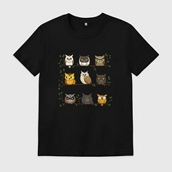 Футболка хлопковая мужская Совушки на ветке, цвет: черный