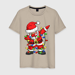 Футболка хлопковая мужская Санта Клаус и гирлянда, цвет: миндальный