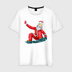 Футболка хлопковая мужская Дед Мороз сноубордист, цвет: белый