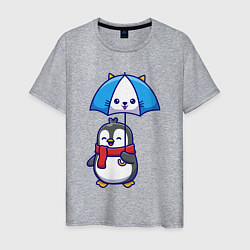Футболка хлопковая мужская Пингвин с кошачим зонтом, цвет: меланж