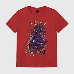 Футболка хлопковая мужская Мифический дракон и самурай, цвет: красный