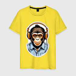 Футболка хлопковая мужская Портрет обезьяны в наушниках, цвет: желтый