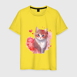 Футболка хлопковая мужская Кошка в красных сердечках, цвет: желтый