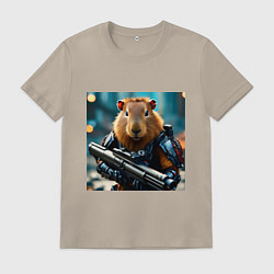 Футболка хлопковая мужская Мем вооруженная капибара и автомат, цвет: миндальный