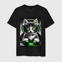 Футболка хлопковая мужская Котёнок командный геймер - киберспорт, цвет: черный