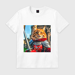 Футболка хлопковая мужская Рыжий кот рыцарь с мечом, цвет: белый