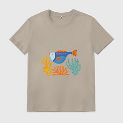 Футболка хлопковая мужская Рыбка в кораллах, цвет: миндальный