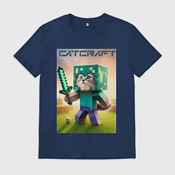Футболка хлопковая мужская Котёнок Майнкрафт - коллаба нейросеть, цвет: тёмно-синий