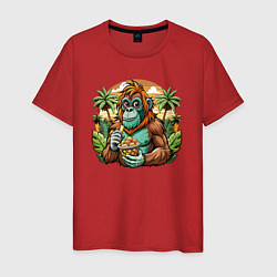 Футболка хлопковая мужская Орангутанг на пляже, цвет: красный