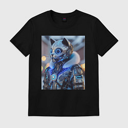 Футболка хлопковая мужская Cyber cat - ai art fantasy, цвет: черный