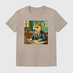 Футболка хлопковая мужская Мемная собака Doge в костюме грустно работает за с, цвет: миндальный