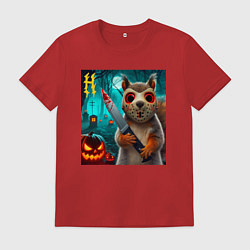 Футболка хлопковая мужская Белочка с окровавленным ножом и в маске - хэллоуин, цвет: красный