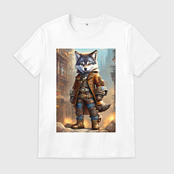 Футболка хлопковая мужская Прикольный волчонок - стимпанк, цвет: белый