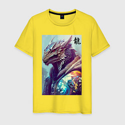 Футболка хлопковая мужская Cool dragon - hieroglyph ai art, цвет: желтый