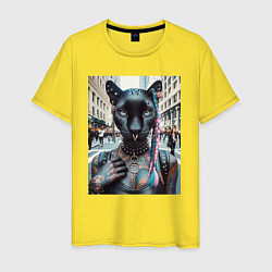 Футболка хлопковая мужская Пантера панк из Нью-Йорка - нейросеть, цвет: желтый