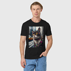 Футболка хлопковая мужская Пирсинг Нью-Йоркского кота - нейросеть, цвет: черный — фото 2