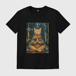 Футболка хлопковая мужская Кот на медитации, цвет: черный
