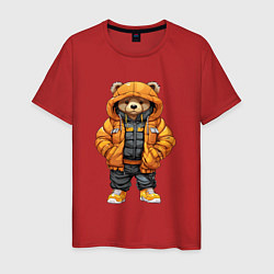 Футболка хлопковая мужская Медведь в тёплой куртке, цвет: красный