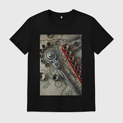 Футболка хлопковая мужская Трещотка ключ и чертеж, цвет: черный