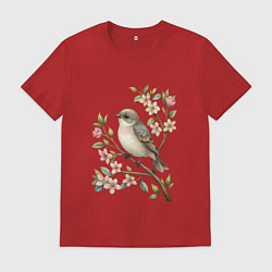 Футболка хлопковая мужская Маленькая птичка на ветке с цветами, цвет: красный
