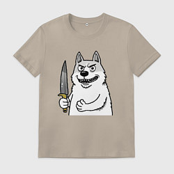 Футболка хлопковая мужская Белый пес с ножом, цвет: миндальный