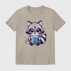 Футболка хлопковая мужская Енот читающий книгу, цвет: миндальный