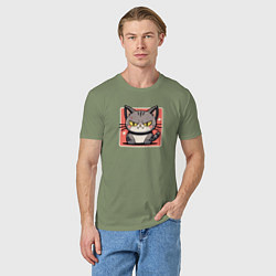 Футболка хлопковая мужская Сердитый кот в стиле аниме, цвет: авокадо — фото 2