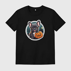Футболка хлопковая мужская Собака французский бульдог с тыквой, цвет: черный