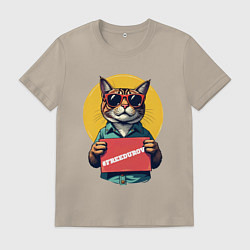 Футболка хлопковая мужская Сat with a poster, цвет: миндальный