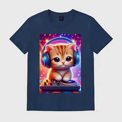 Футболка хлопковая мужская Cutie kitten DJ - neon glow, цвет: тёмно-синий