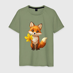 Футболка хлопковая мужская Рыжая лисица с осенним листочком, цвет: авокадо